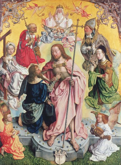 Panel central del retablo de San Tomás, 1501, Cristo y San Tomás rodeados por Santa Elena, María Magdalena, San Jerónimo y San Ambrosio de Master of St. Bartholemew